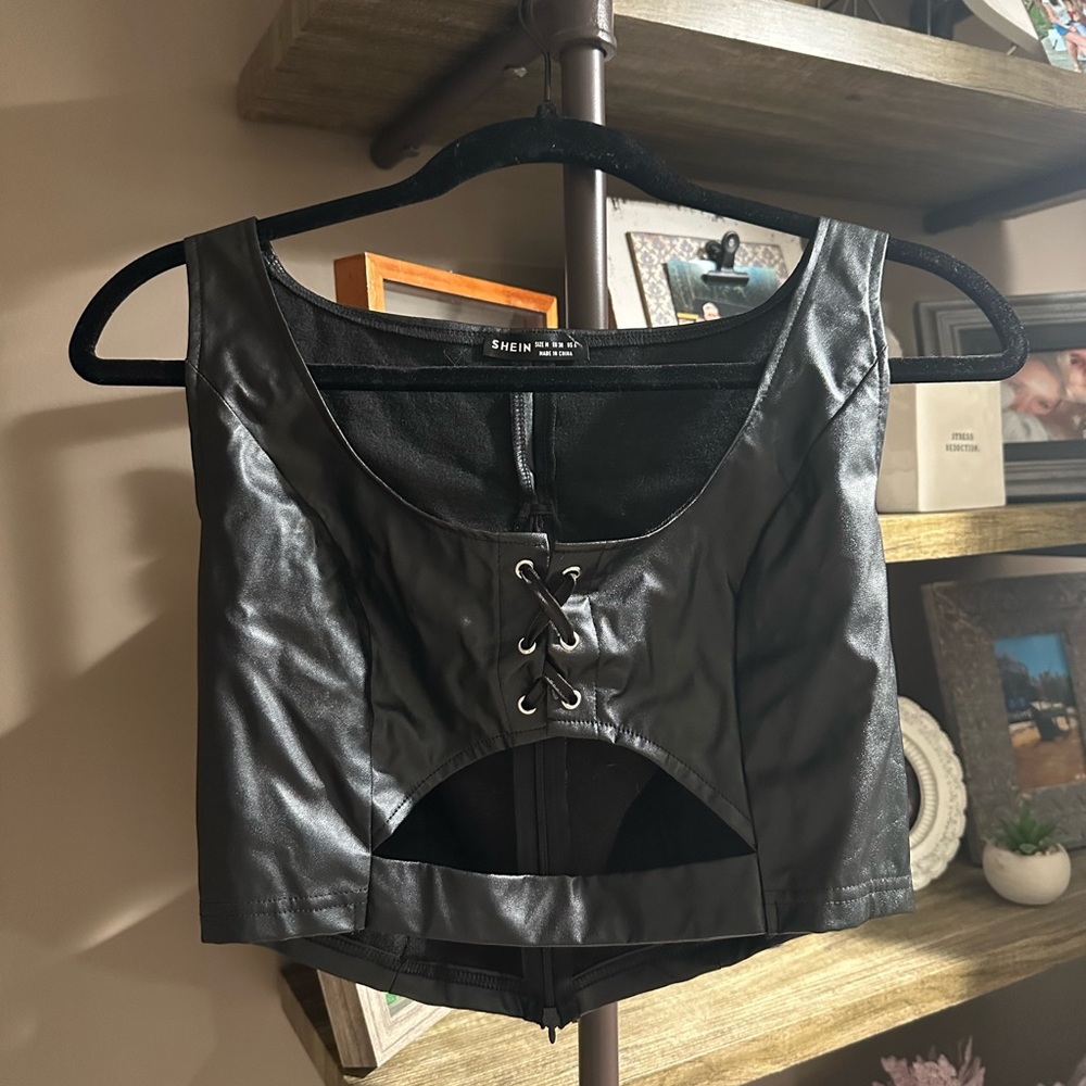 Black faux leather tank top! size 6 (wrinkles will flatten out!)